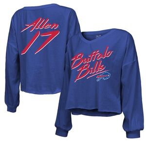 Loose Fit Women's Blue Buffalo Bills Long Sleeve Tee Retro Font Slight Crop